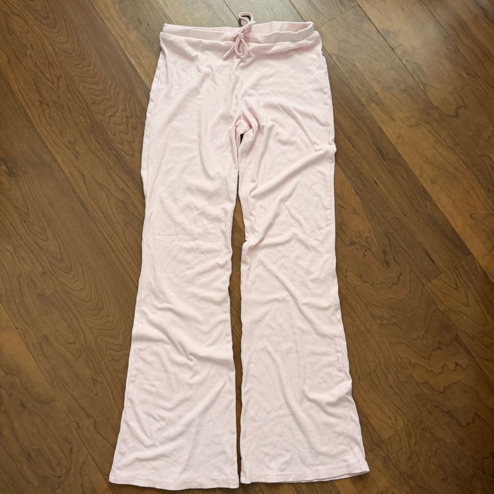 White Fox Boutique Pink Ribbed Wide Leg Lounge Pants Drawstring Womens Small